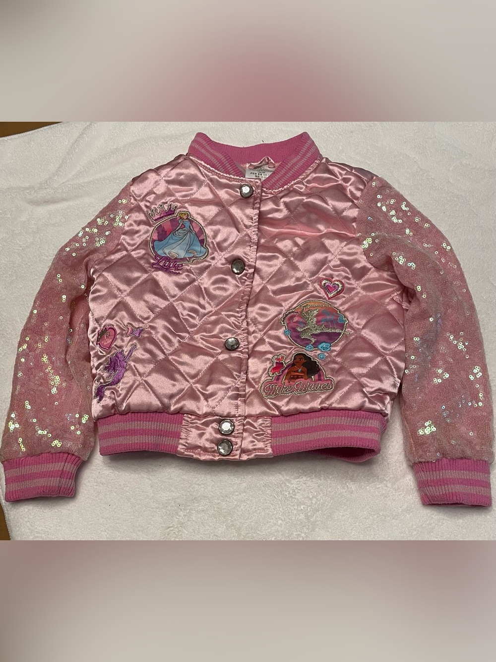 Girls' Disney Princess Pink Sequin Sleeve Satin Bomber Jacket SZ 4.